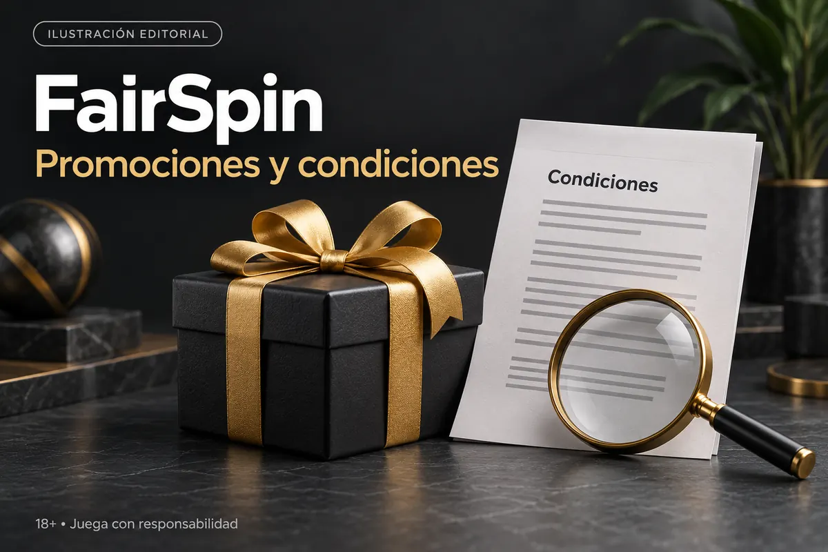 Promociones y condiciones en FairSpin: revisa el rollover y la apuesta máxima. Ilustración editorial.
