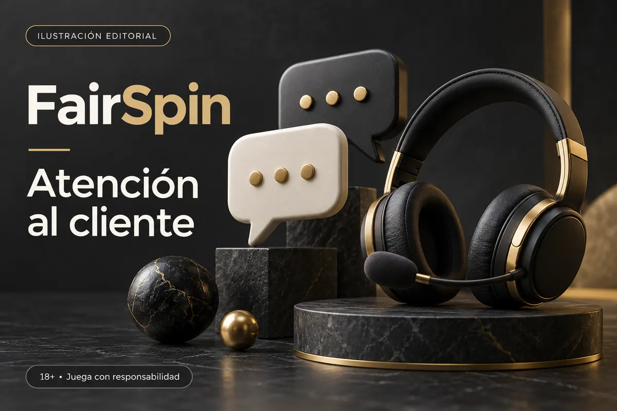 Atención al cliente de FairSpin: chat y correo; comprueba horarios e idioma. Ilustración editorial.