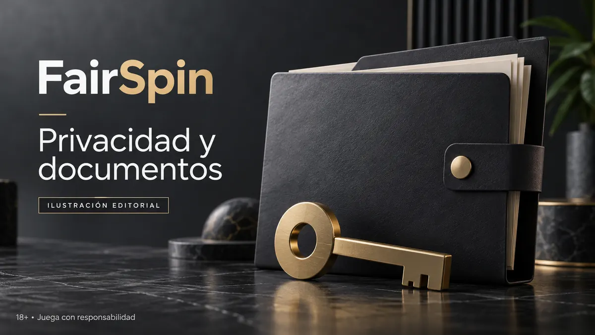Privacidad y documentos en FairSpin: verificación de identidad antes del primer retiro. Ilustración editorial.