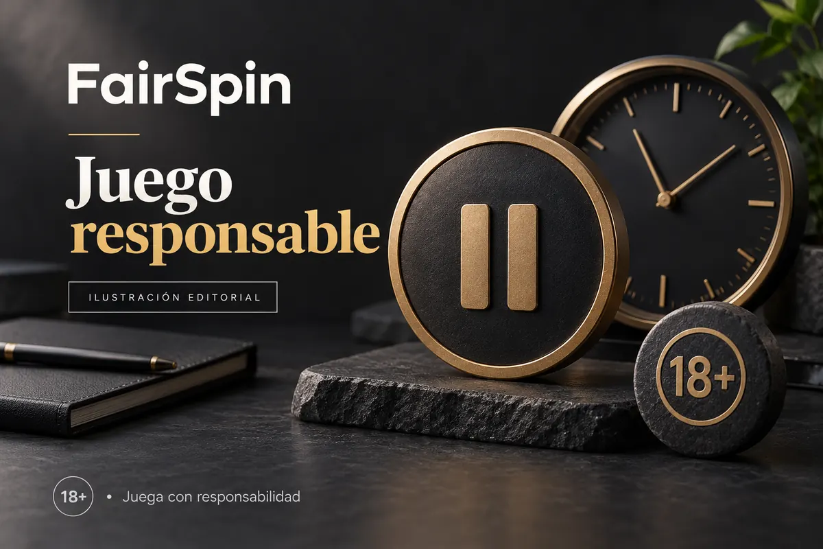 Juego responsable en FairSpin: límites de depósito, pausas y autoexclusión. Ilustración editorial.