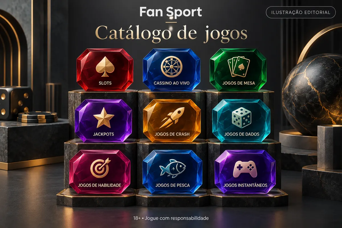 Catálogo de jogos de Fan Sport: slots, mesas e cassino ao vivo. Ilustração editorial.