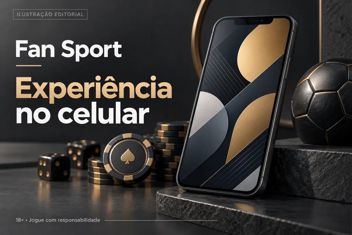 Fan Sport no celular: funciona pelo navegador, o app é opcional. Ilustração editorial.