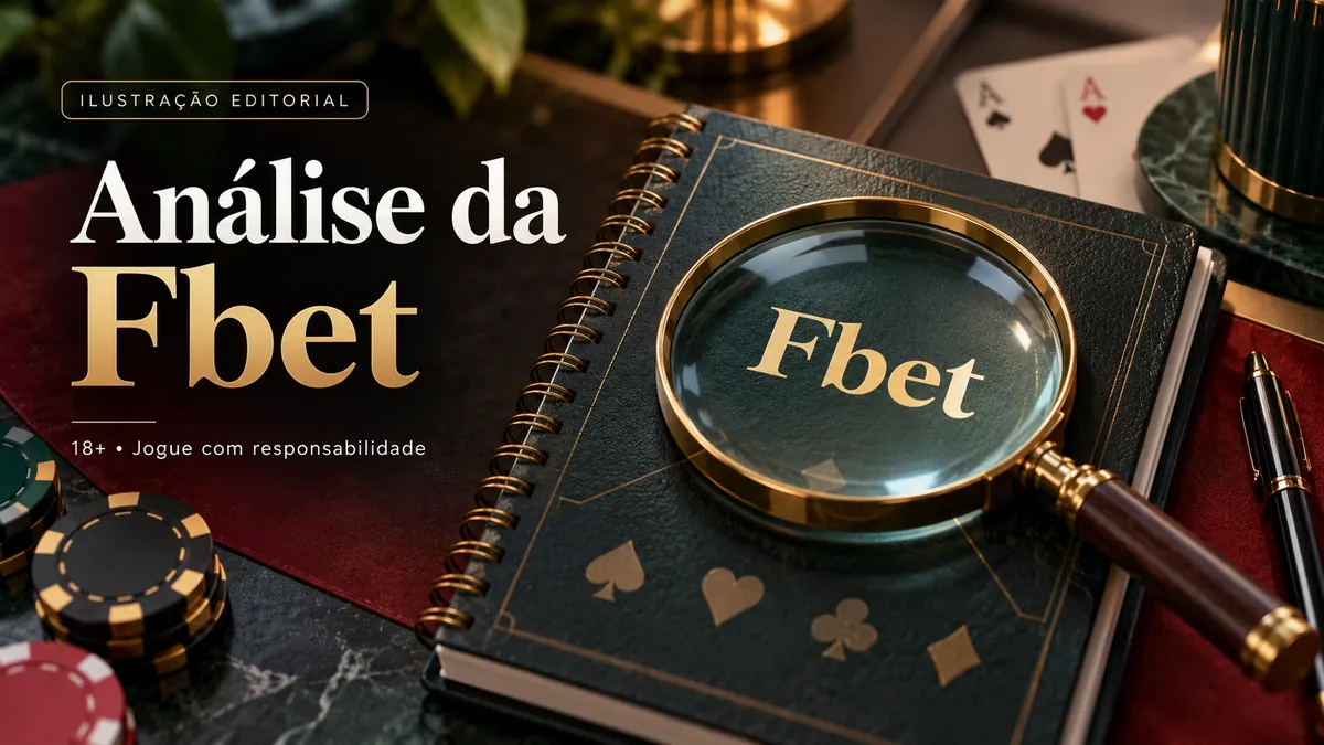 Caderno escuro com o nome Fbet sob lupa, fichas e cartas sobre fundo vermelho