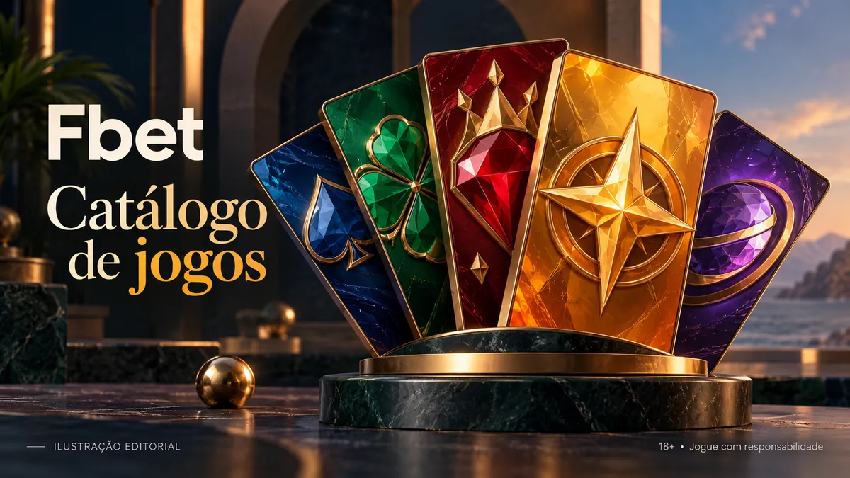 Cartas coloridas com estrela dourada sobre pedestal, título Fbet Catálogo de jogos