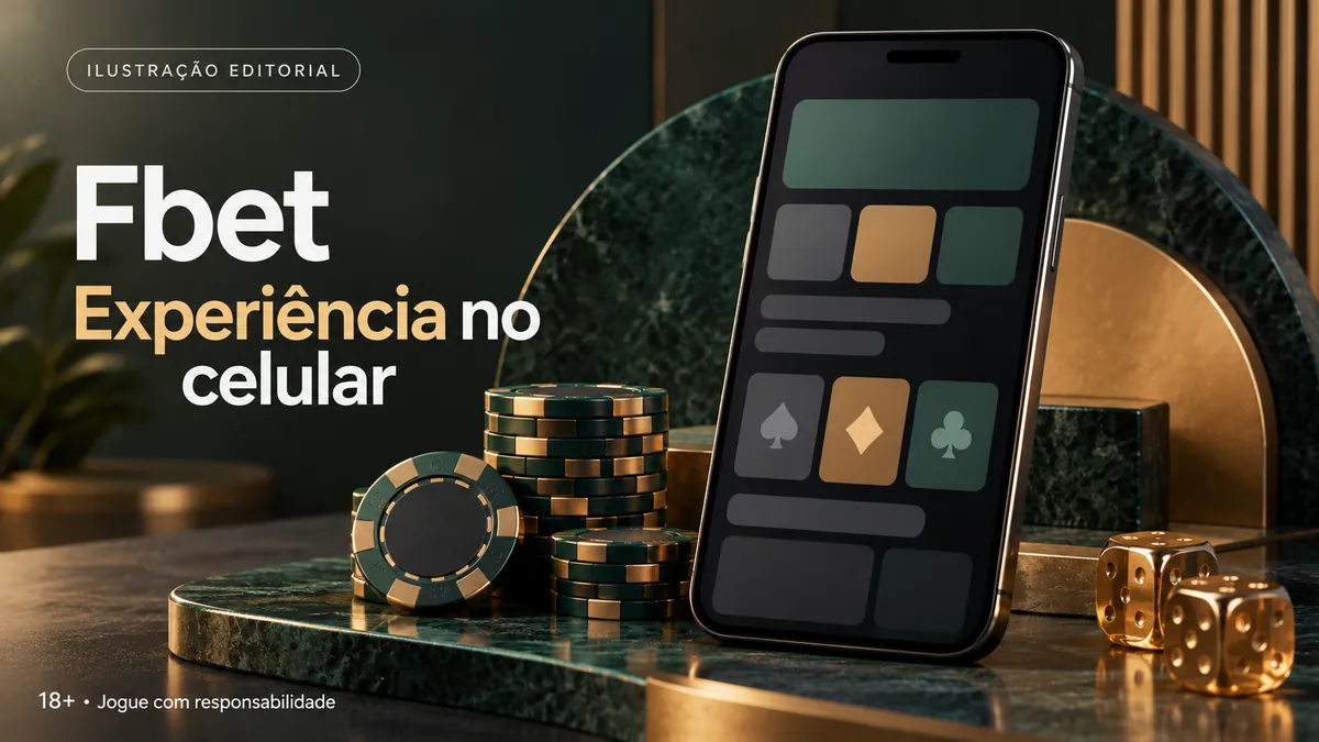Celular com ícones de naipes na tela, fichas e dados dourados, título Experiência no celular