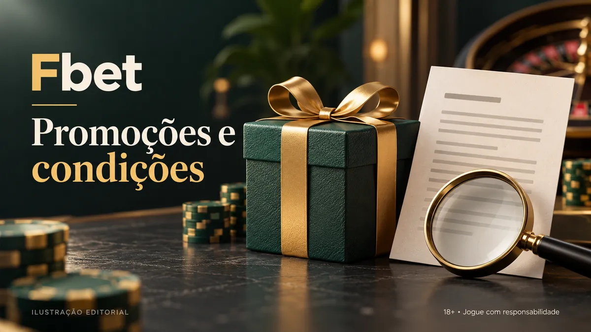 Presente verde com fita dourada e folha de regras sob lupa, título Promoções e condições