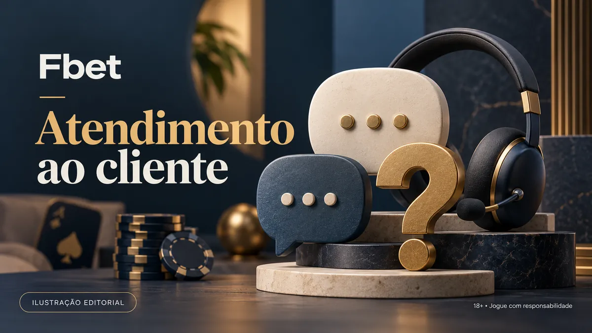 Balões de conversa, interrogação dourada e headset, título Atendimento ao cliente