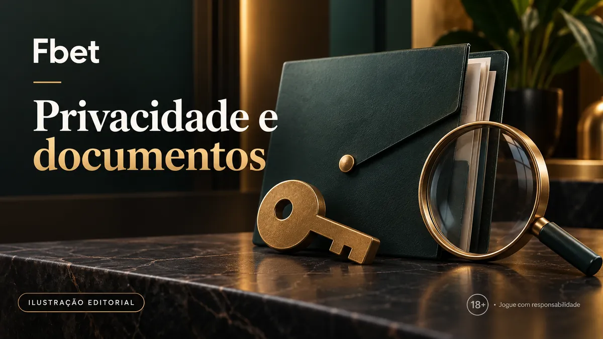 Envelope verde de documentos, chave dourada e lupa, título Privacidade e documentos