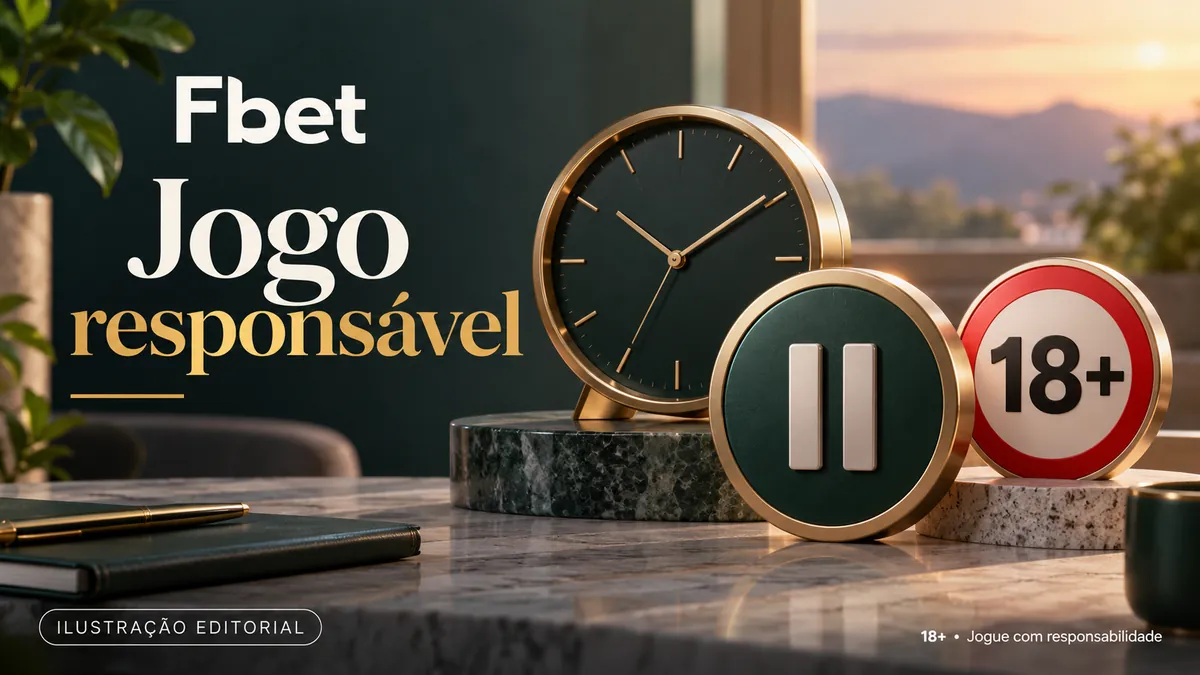 Relógio escuro, botão de pausa e placa 18+ diante de montanhas, título Jogo responsável