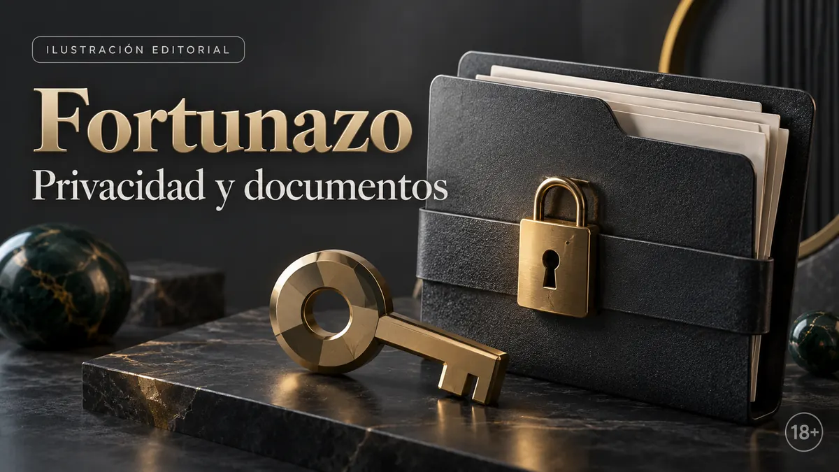 Privacidad y documentos en Fortunazo: verificación de identidad antes del primer retiro. Ilustración editorial.