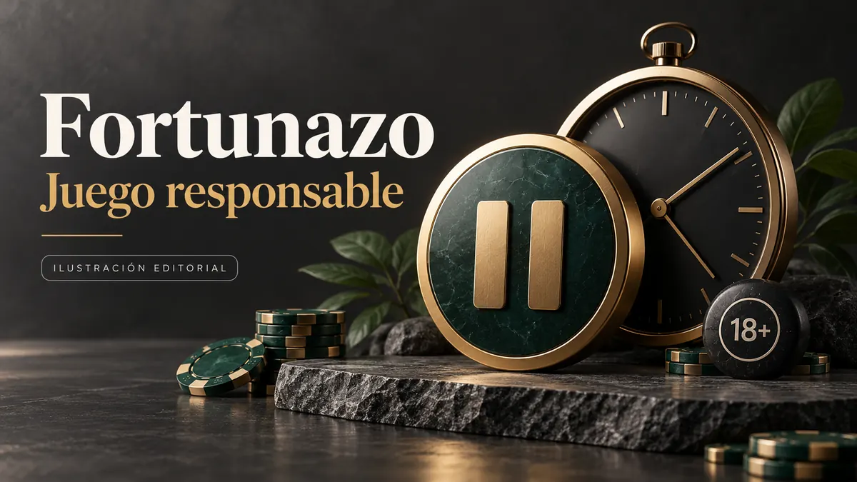Juego responsable en Fortunazo: límites de depósito, pausas y autoexclusión. Ilustración editorial.
