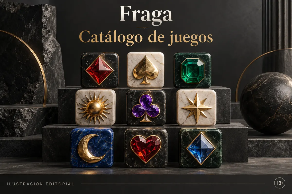 Catálogo de juegos de Fraga Casino: tragamonedas, mesas y casino en vivo. Ilustración editorial.
