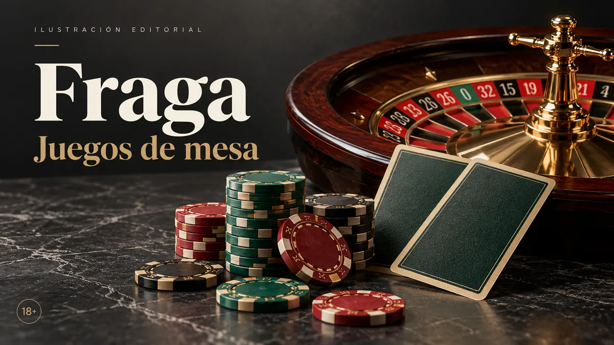 Juegos de mesa en Fraga Casino: ruleta, blackjack y bacará. Ilustración editorial.