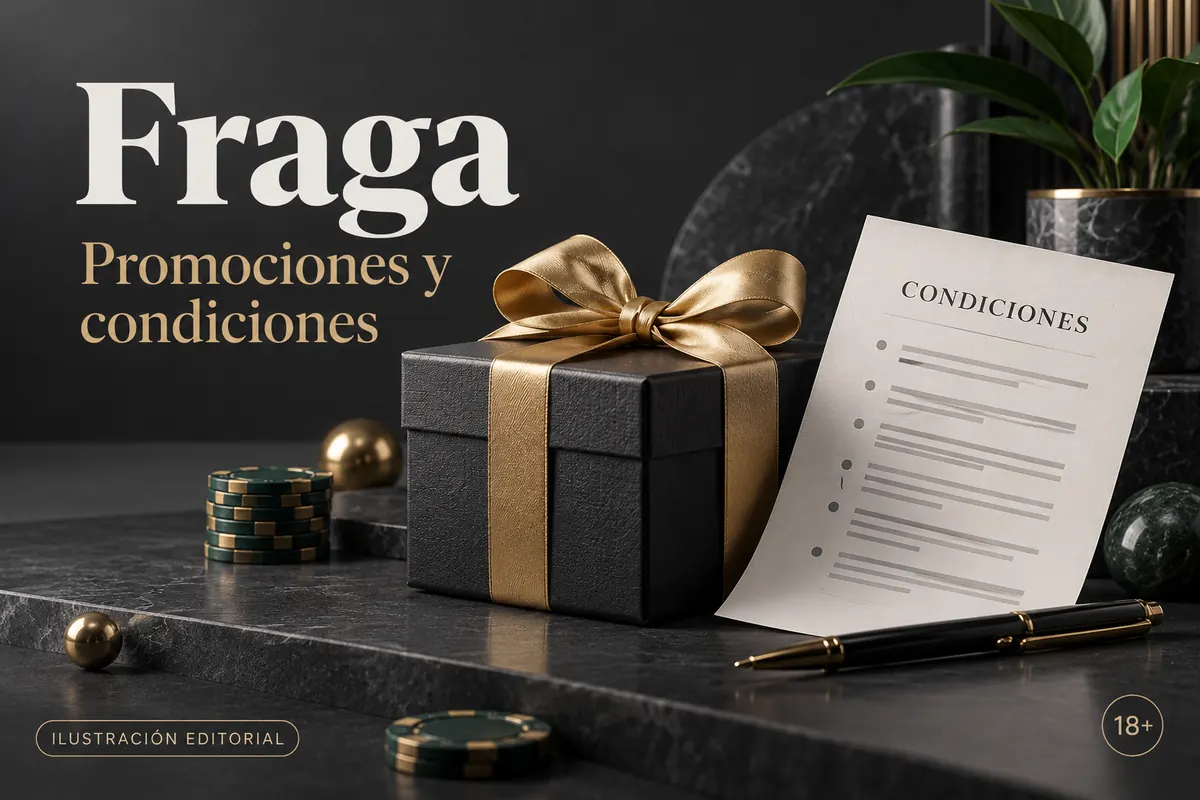 Promociones y condiciones en Fraga Casino: revisa el rollover y la apuesta máxima. Ilustración editorial.
