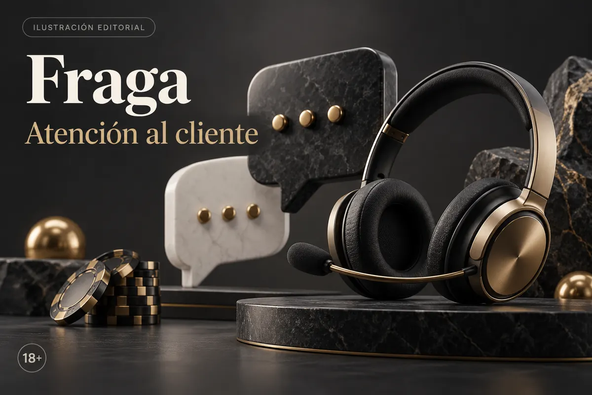 Atención al cliente de Fraga Casino: chat y correo; comprueba horarios e idioma. Ilustración editorial.