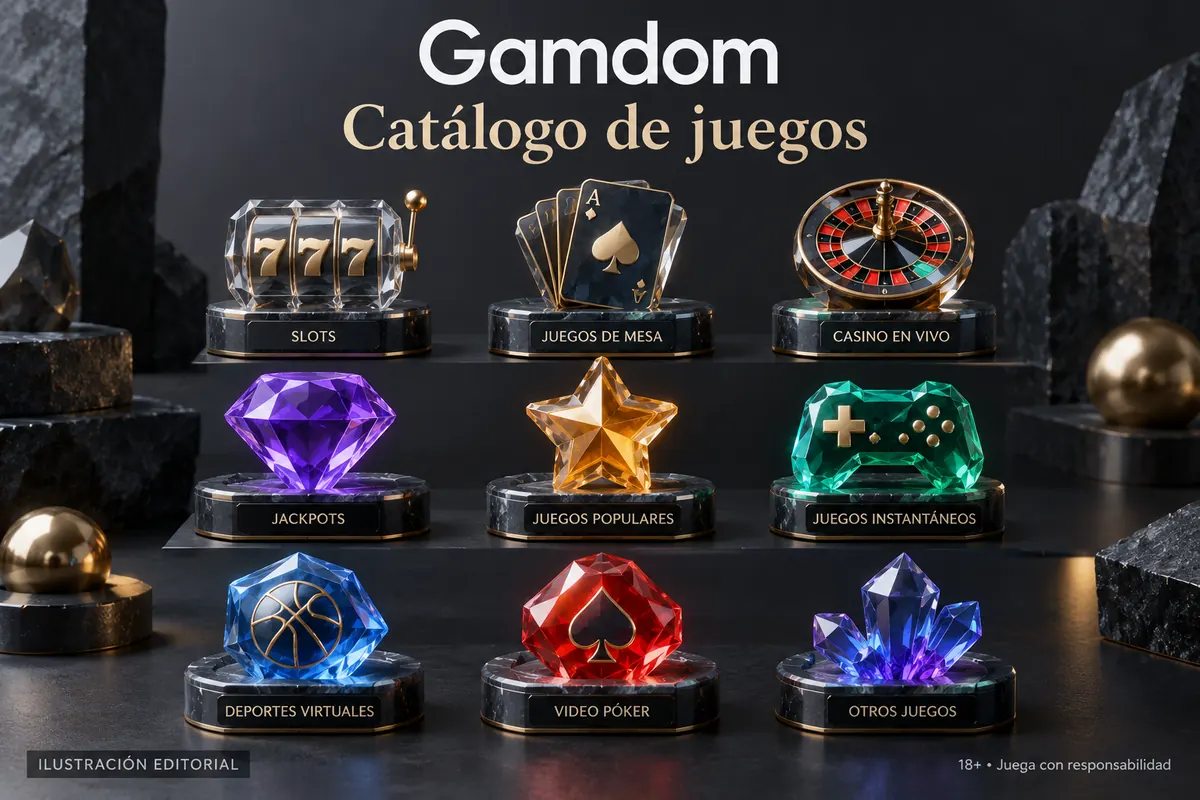 Catálogo de juegos de Gamdom: tragamonedas, mesas y casino en vivo. Ilustración editorial.