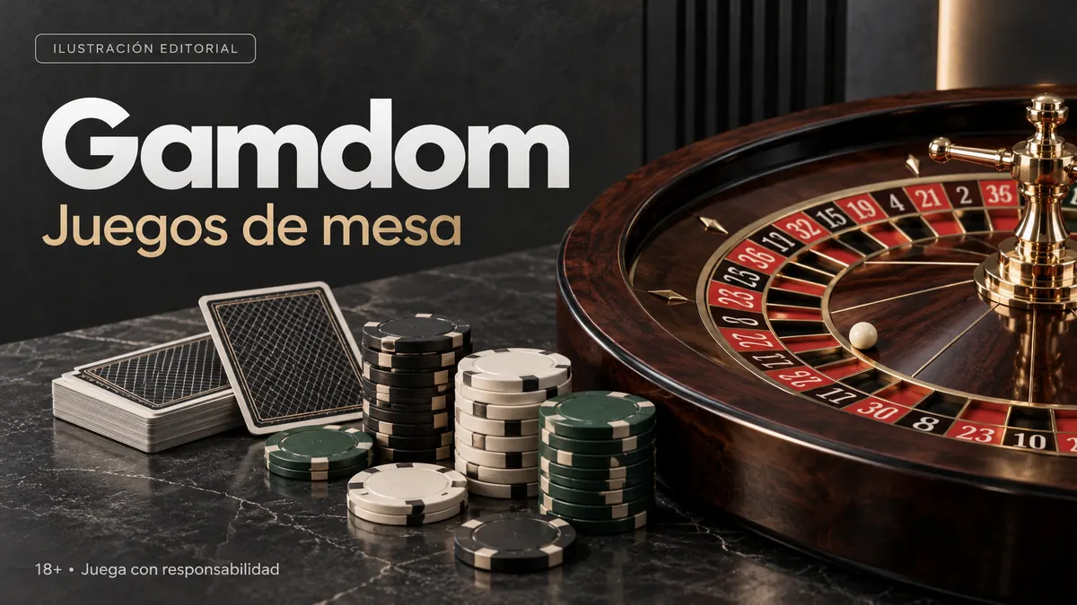 Juegos de mesa en Gamdom: ruleta, blackjack y bacará. Ilustración editorial.
