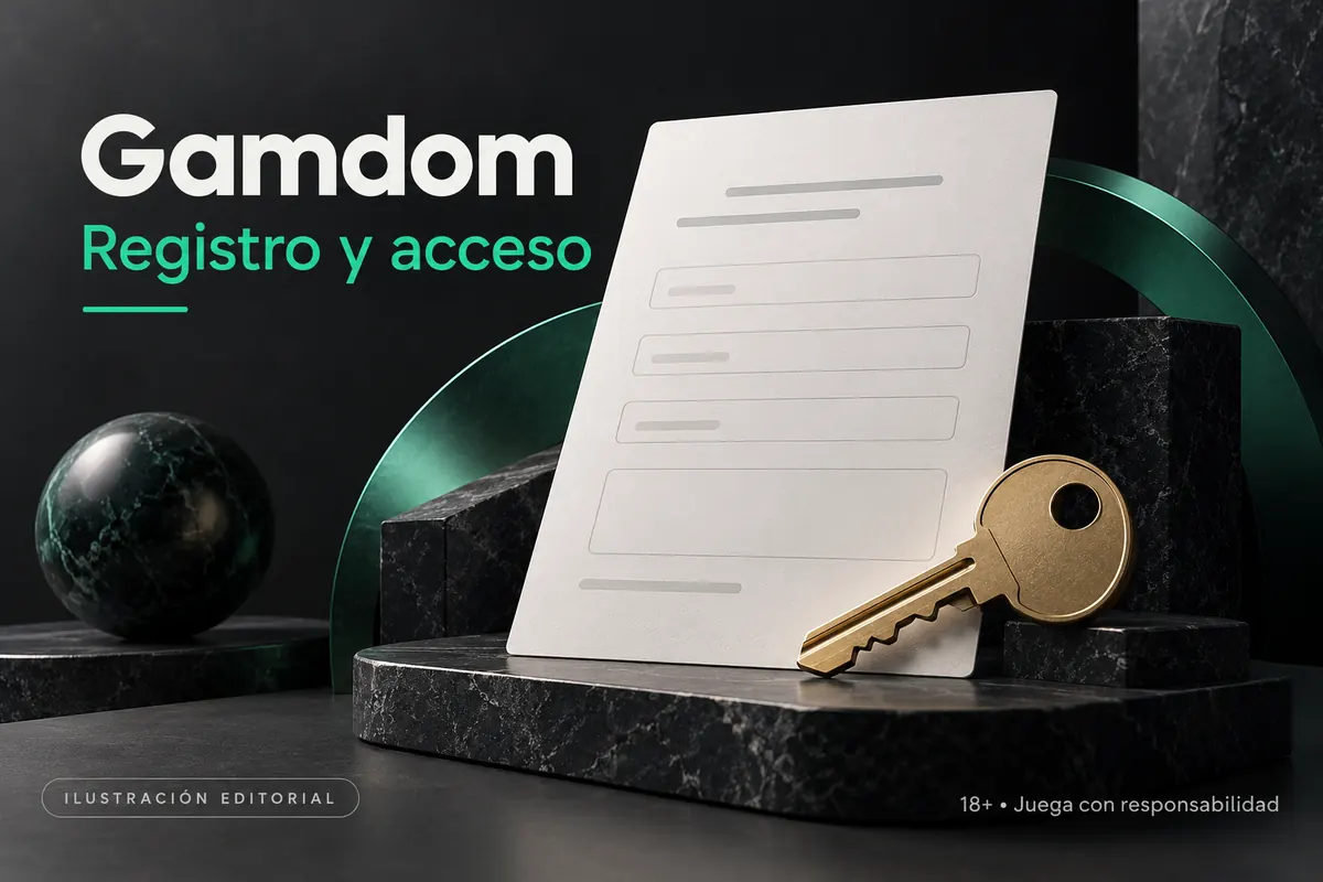 Registro y acceso en Gamdom: datos reales y verificación de la cuenta. Ilustración editorial.