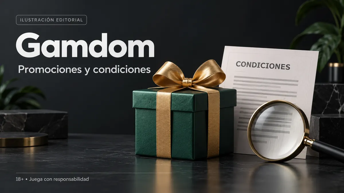 Promociones y condiciones en Gamdom: revisa el rollover y la apuesta máxima. Ilustración editorial.