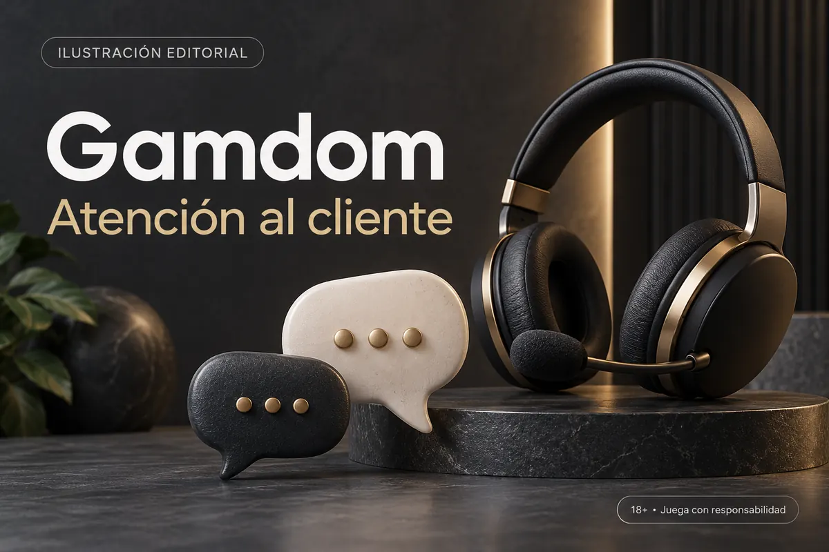 Atención al cliente de Gamdom: chat y correo; comprueba horarios e idioma. Ilustración editorial.
