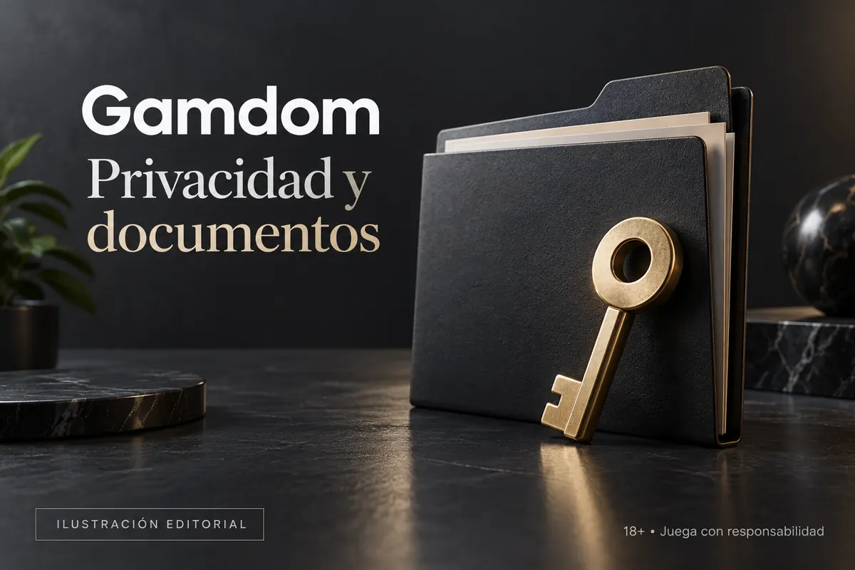 Privacidad y documentos en Gamdom: verificación de identidad antes del primer retiro. Ilustración editorial.