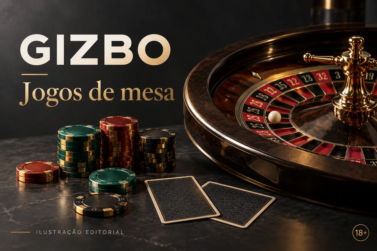 Jogos de mesa em Gizbo: roleta, blackjack e bacará. Ilustração editorial.