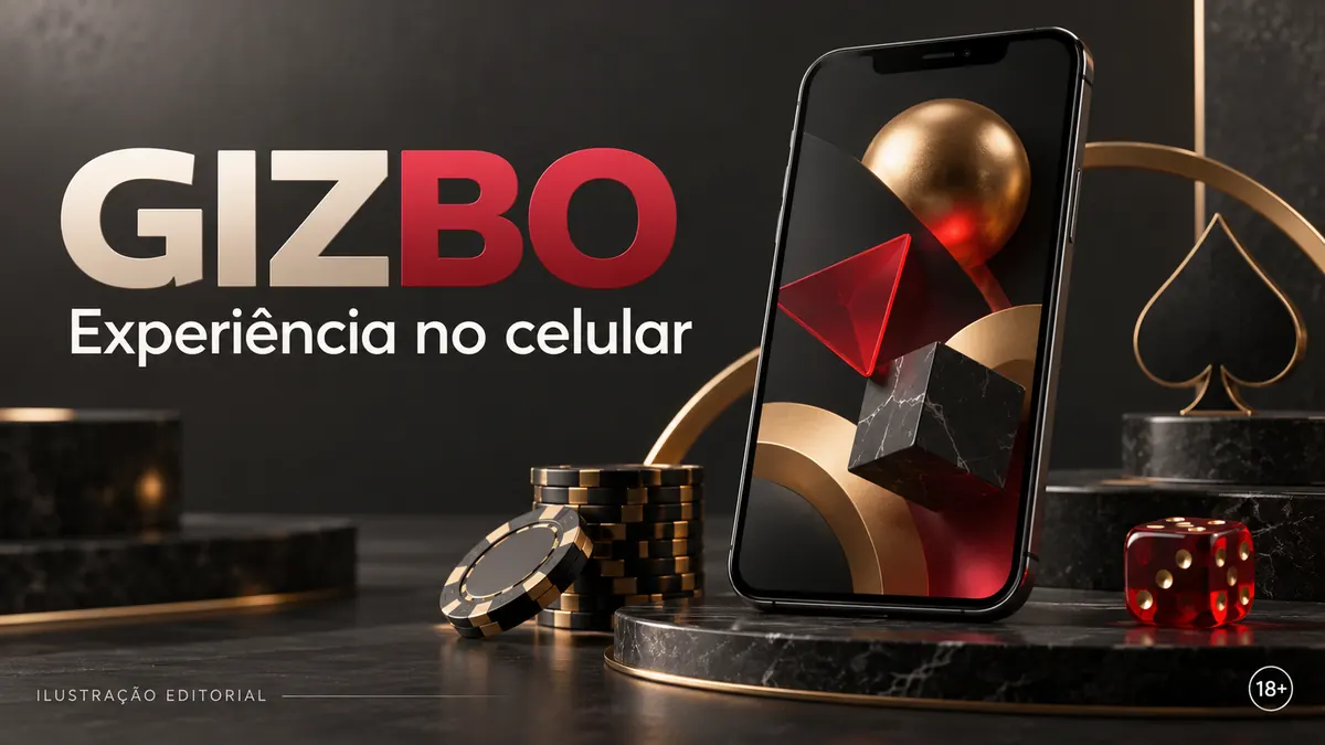 Gizbo no celular: funciona pelo navegador, o app é opcional. Ilustração editorial.