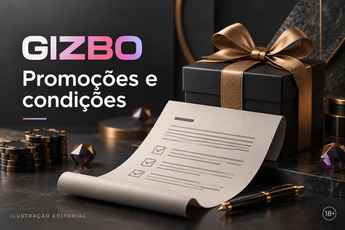 Promoções e condições em Gizbo: confira o rollover e a aposta máxima. Ilustração editorial.