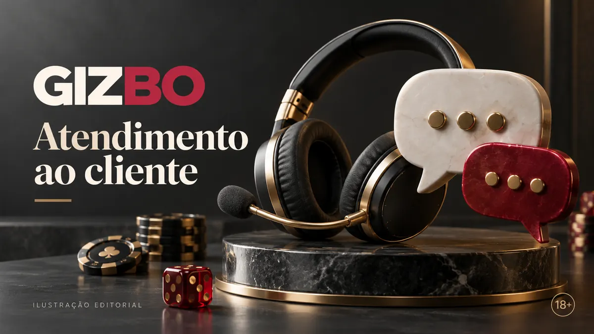 Atendimento ao cliente de Gizbo: chat e e-mail; confira horários e idioma. Ilustração editorial.