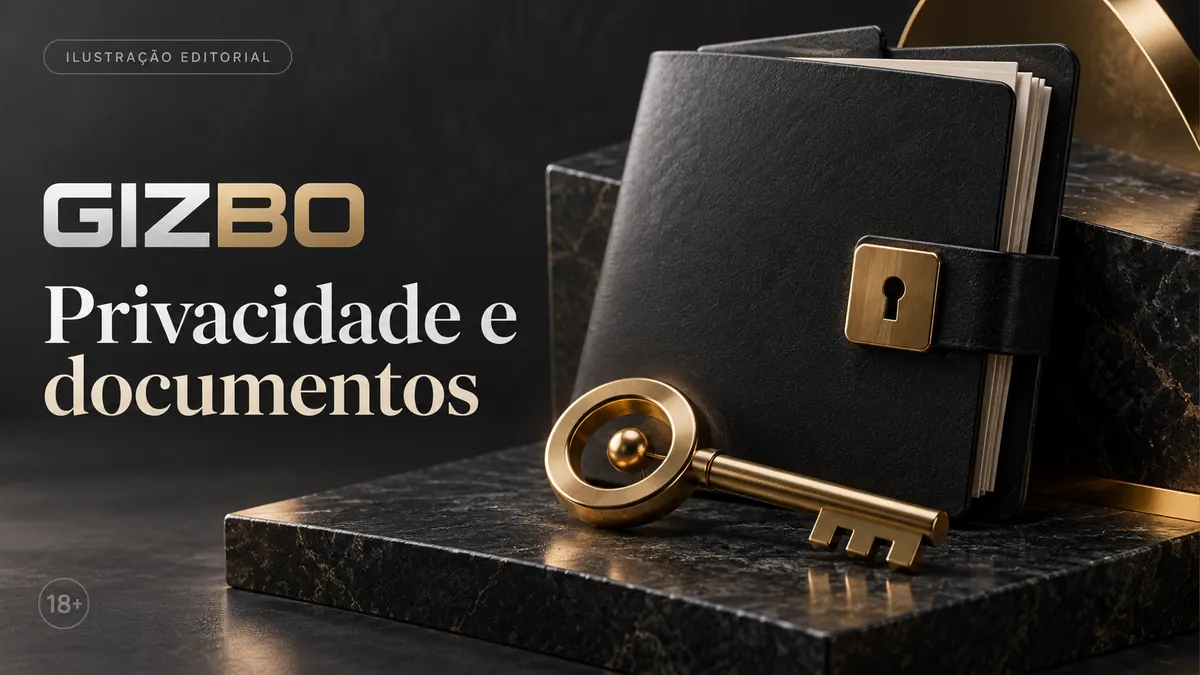 Privacidade e documentos em Gizbo: verificação de identidade antes do primeiro saque. Ilustração editorial.