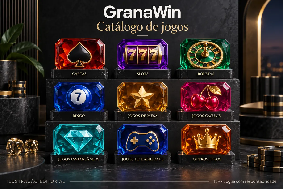 Catálogo de jogos de GranaWin: slots, mesas e cassino ao vivo. Ilustração editorial.