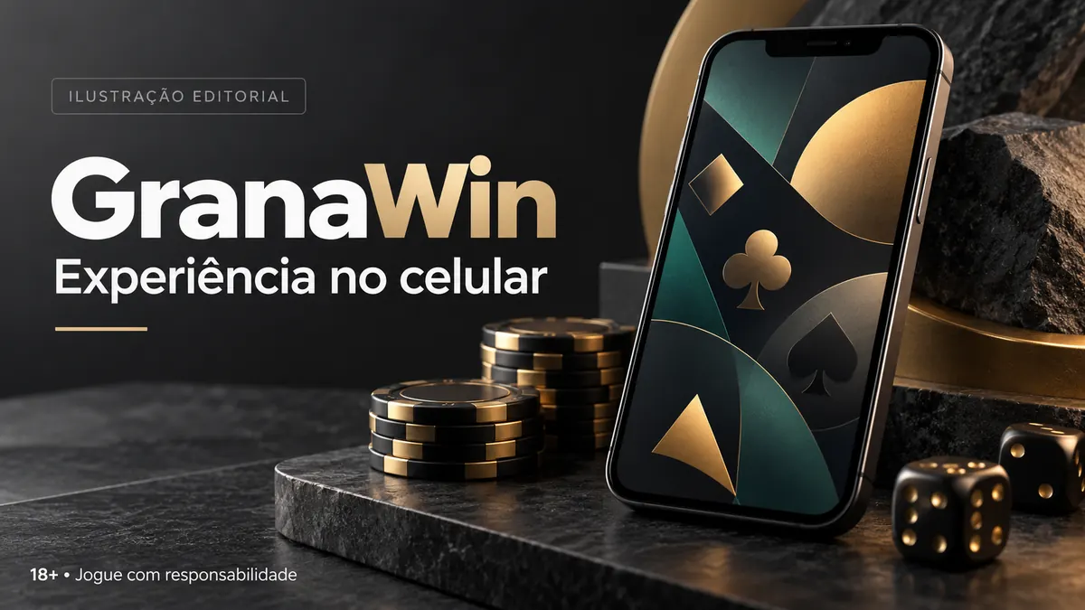 GranaWin no celular: funciona pelo navegador, o app é opcional. Ilustração editorial.