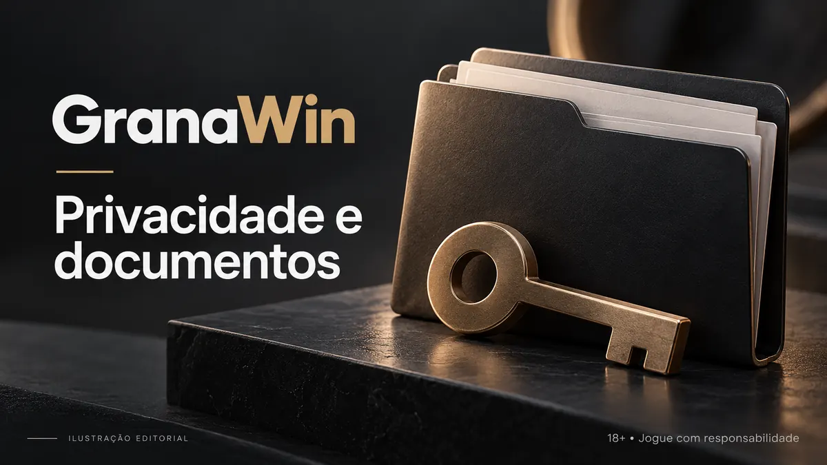 Privacidade e documentos em GranaWin: verificação de identidade antes do primeiro saque. Ilustração editorial.