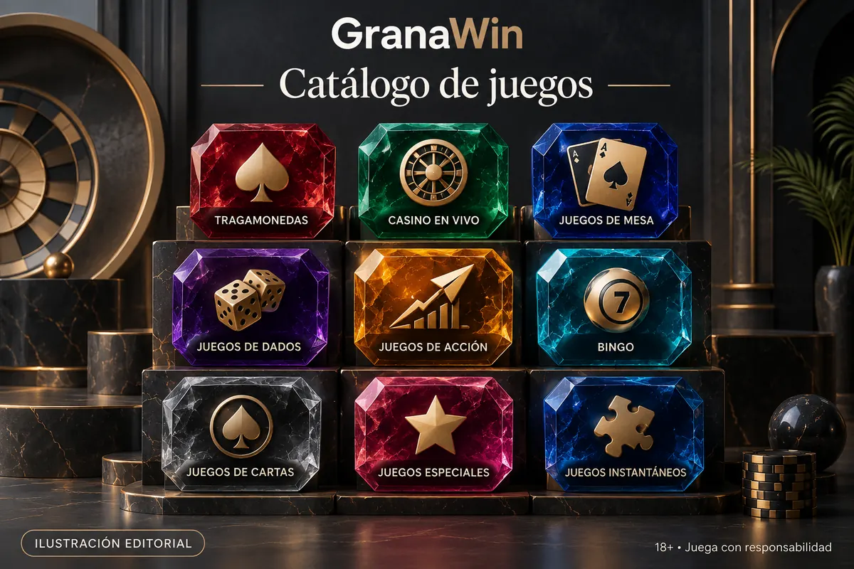 Catálogo de juegos de GranaWin: tragamonedas, mesas y casino en vivo. Ilustración editorial.