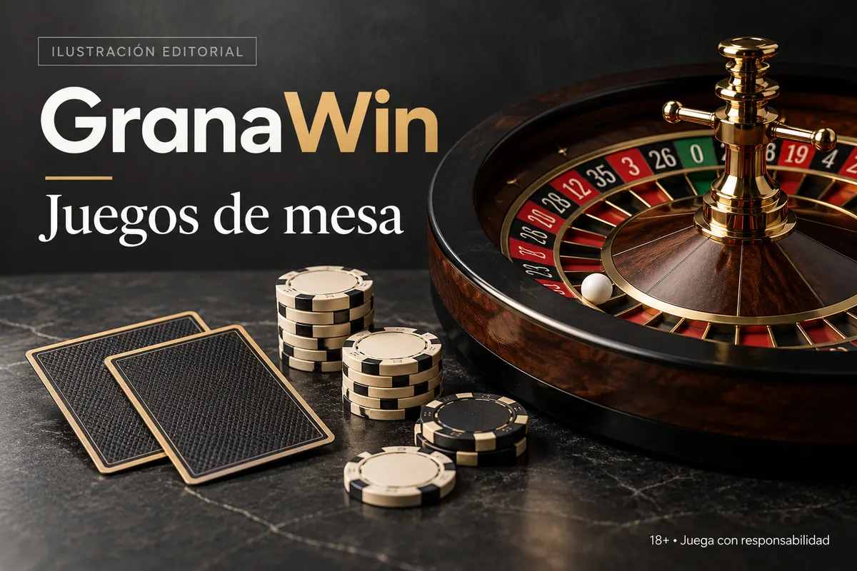 Juegos de mesa en GranaWin: ruleta, blackjack y bacará. Ilustración editorial.