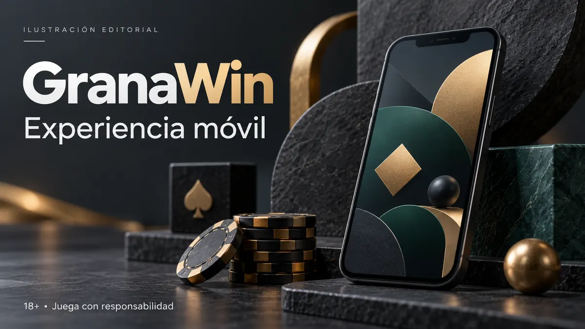 GranaWin en el celular: funciona desde el navegador, la app es opcional. Ilustración editorial.
