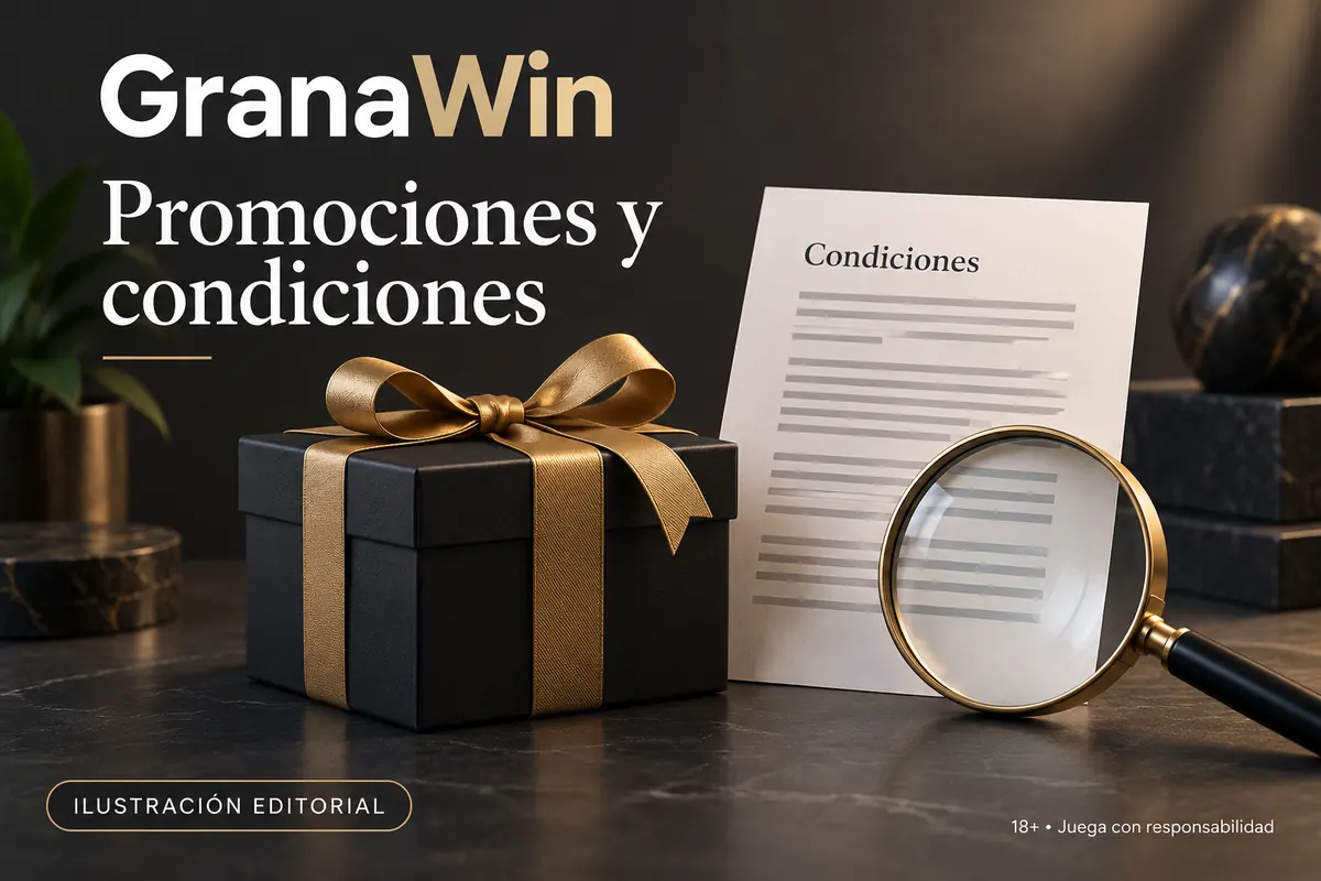 Promociones y condiciones en GranaWin: revisa el rollover y la apuesta máxima. Ilustración editorial.