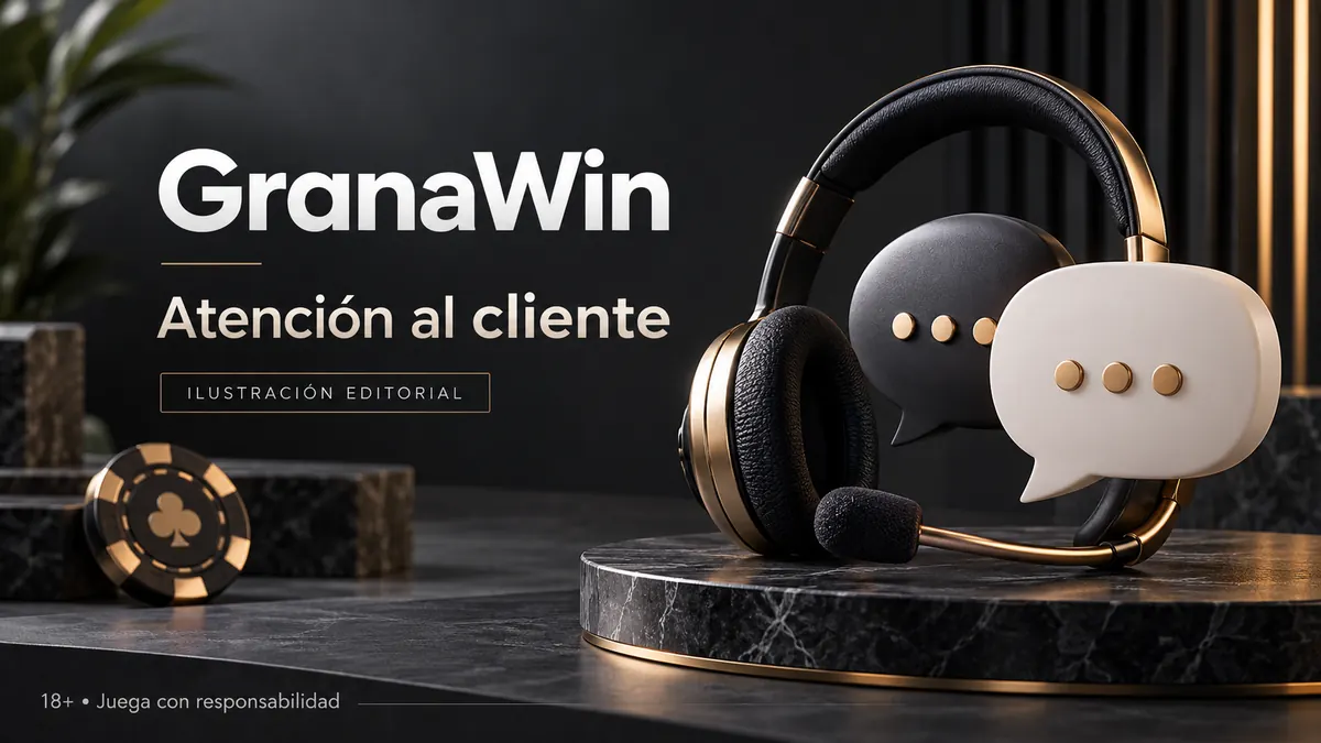 Atención al cliente de GranaWin: chat y correo; comprueba horarios e idioma. Ilustración editorial.