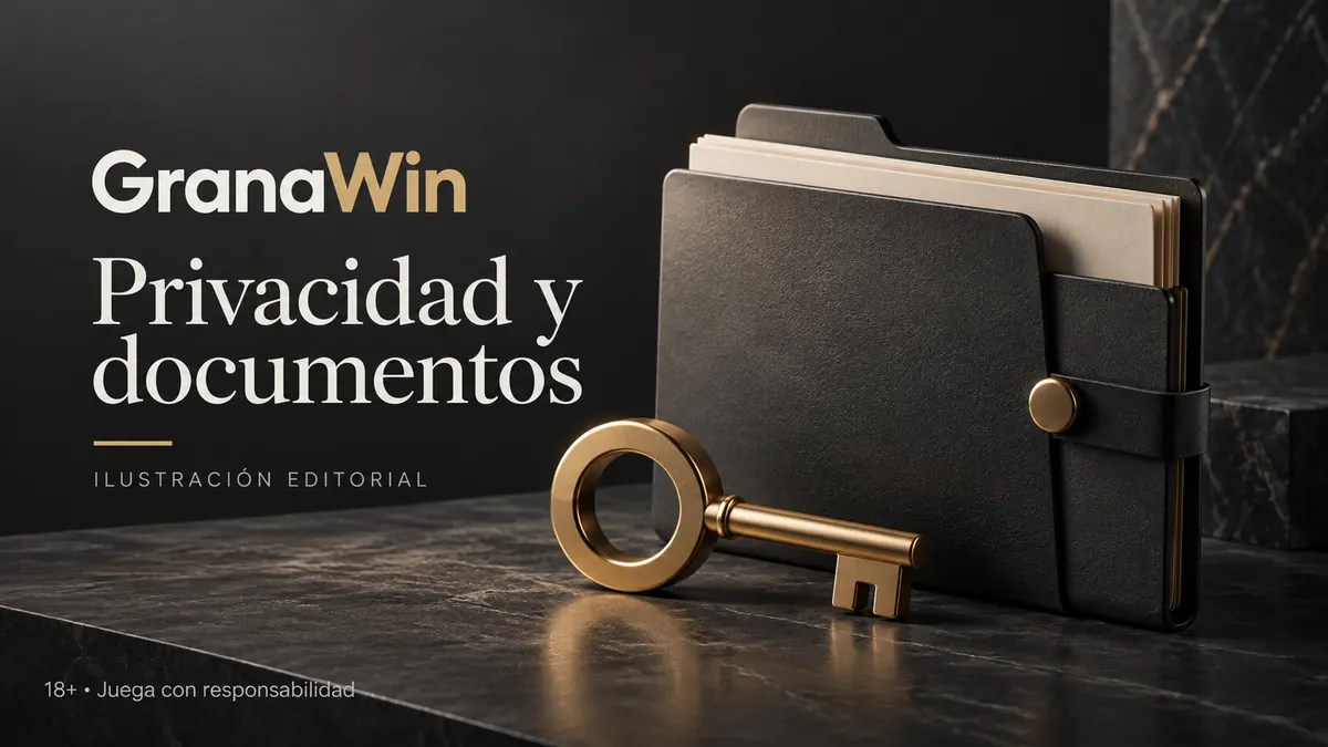 Privacidad y documentos en GranaWin: verificación de identidad antes del primer retiro. Ilustración editorial.
