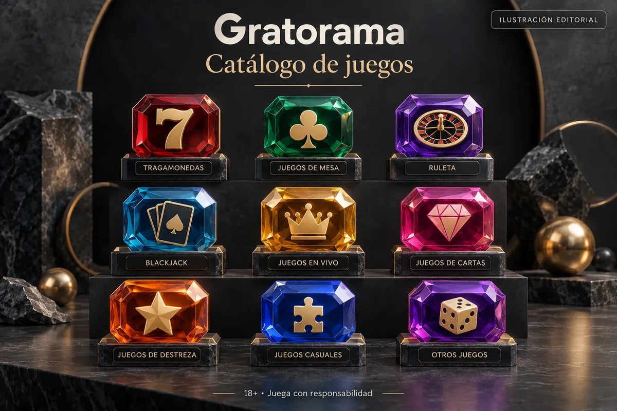 Catálogo de juegos de Gratorama: tragamonedas, mesas y casino en vivo. Ilustración editorial.