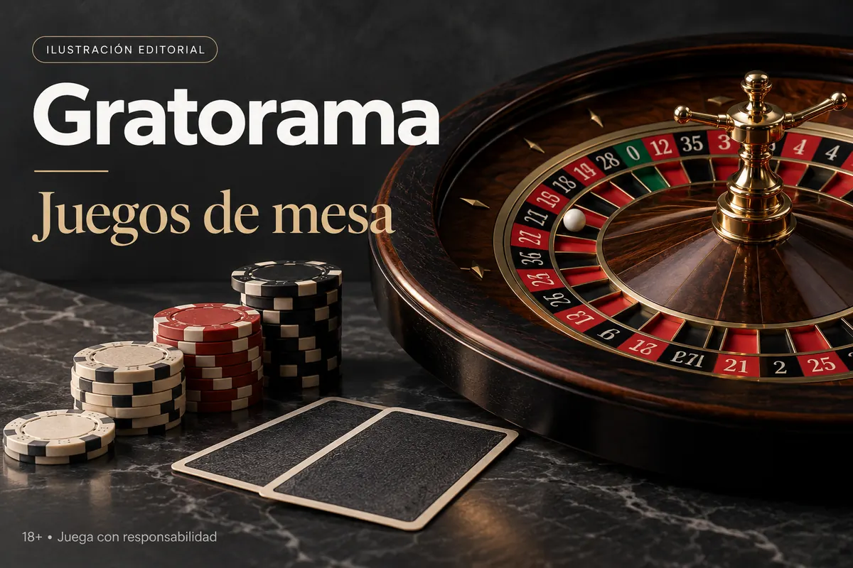 Juegos de mesa en Gratorama: ruleta, blackjack y bacará. Ilustración editorial.