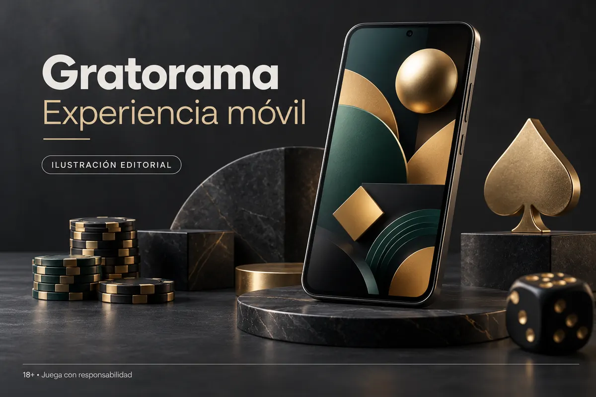 Gratorama en el celular: funciona desde el navegador, la app es opcional. Ilustración editorial.