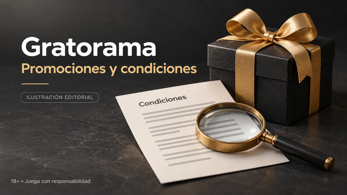 Promociones y condiciones en Gratorama: revisa el rollover y la apuesta máxima. Ilustración editorial.
