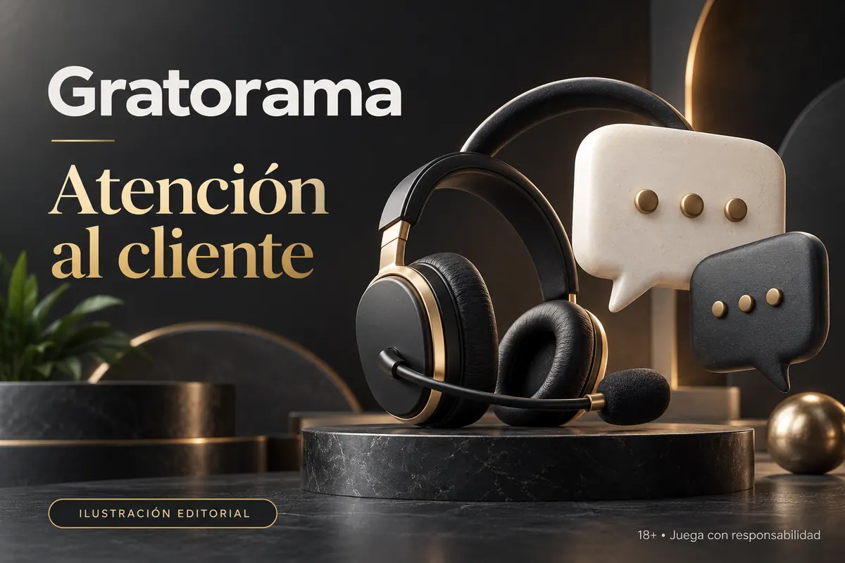 Atención al cliente de Gratorama: chat y correo; comprueba horarios e idioma. Ilustración editorial.