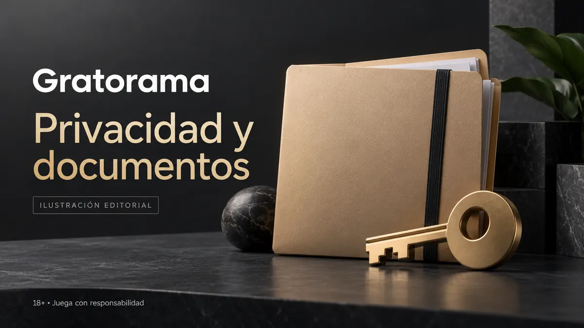 Privacidad y documentos en Gratorama: verificación de identidad antes del primer retiro. Ilustración editorial.