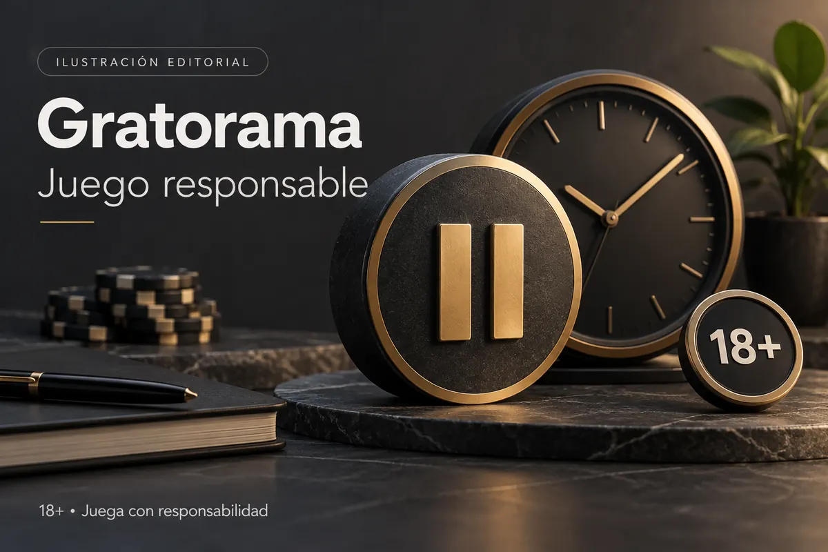 Juego responsable en Gratorama: límites de depósito, pausas y autoexclusión. Ilustración editorial.