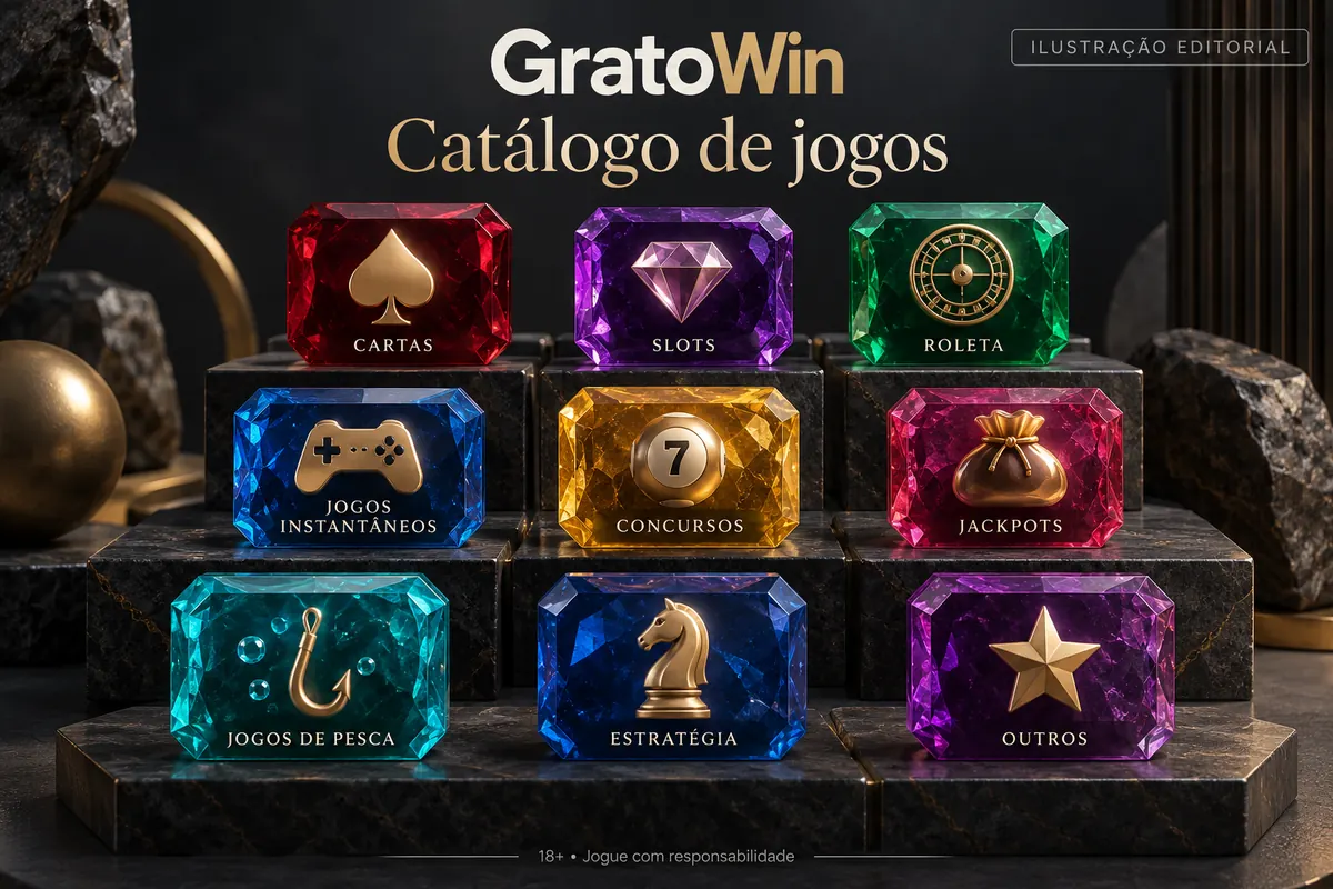 Catálogo de jogos de GratoWin: slots, mesas e cassino ao vivo. Ilustração editorial.