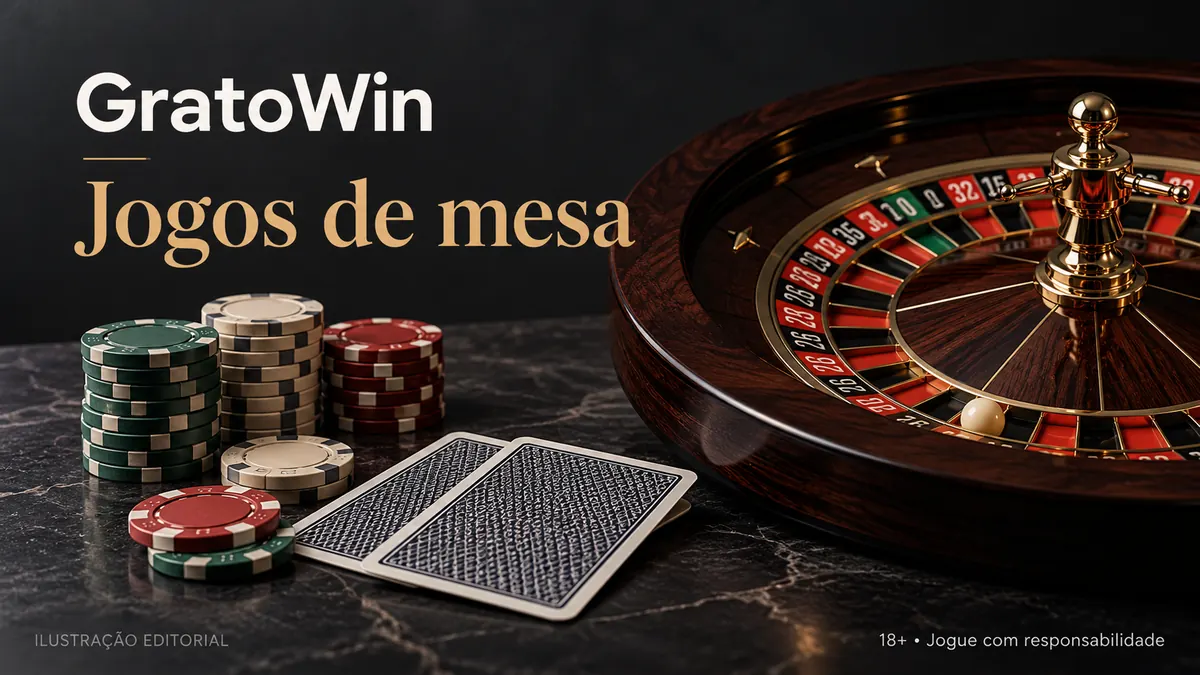 Jogos de mesa em GratoWin: roleta, blackjack e bacará. Ilustração editorial.