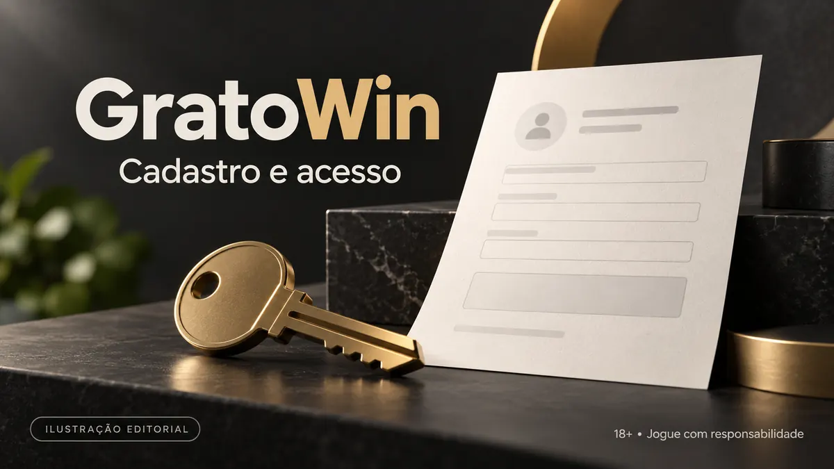 Cadastro e acesso em GratoWin: dados reais e verificação da conta. Ilustração editorial.