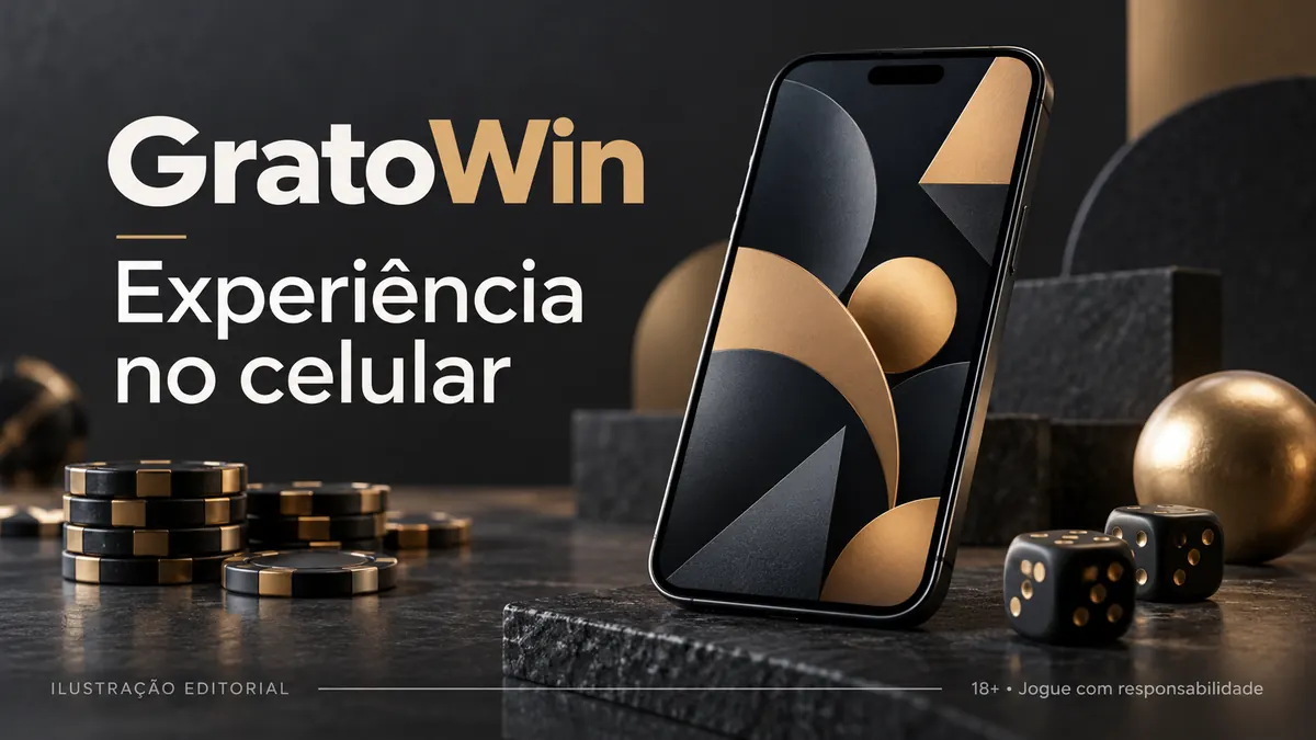 GratoWin no celular: funciona pelo navegador, o app é opcional. Ilustração editorial.